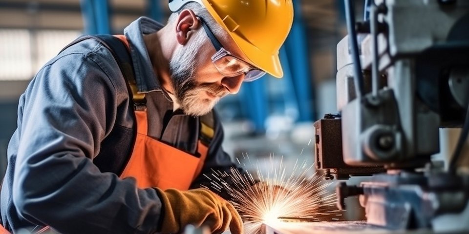 A man wearing safety goggles and a hard hat is welding in front of a machine, with sparks flying. 