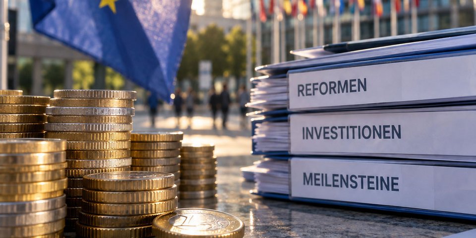 The cover image is a symbolic representation of the Multiannual Financial Framework 2028–2034. It shows euro coins and folders labelled ‘Reforms’, ‘Investments’ and ‘Milestones’ in front of the European Parliament and an EU flag.